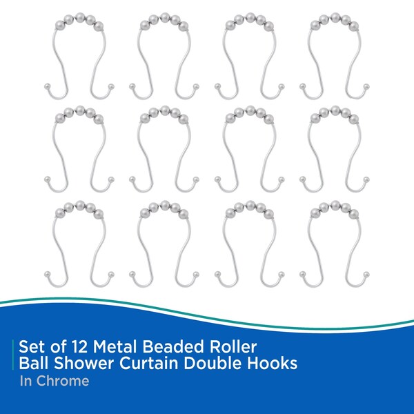 Kenney Mfg Beaded Roller Shower Curtain Double Hooks, Set of 12, Chrome - KN67123V2