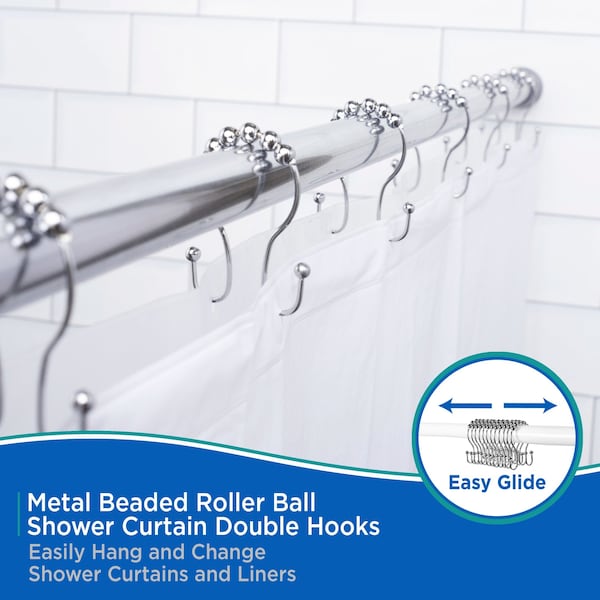 Kenney Mfg Beaded Roller Shower Curtain Double Hooks, Set of 12, Chrome - KN67123V2