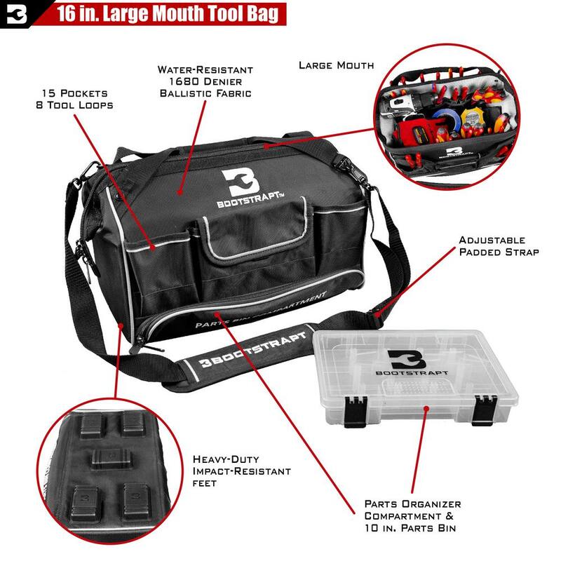 BOOTSTRAPT 16 in. Large Mouth Tool Bag with Integrated Parts Bin Compartment - 006-543