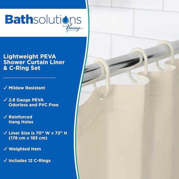 Kenney Mfg Lightweight PEVA Shower Curtain Liner and C-Ring Set, 70in W x 72in H, Cream - KN61756
