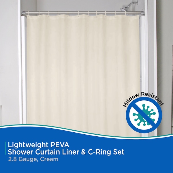 Kenney Mfg Lightweight PEVA Shower Curtain Liner and C-Ring Set, 70in W x 72in H, Cream - KN61756