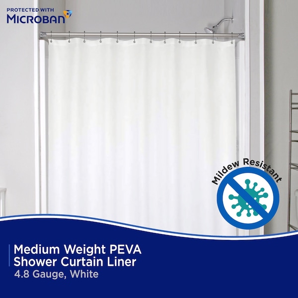 Kenney Mfg Microban Protected Medium Weight PEVA Shower Liner, 70in W x 72in H, White - MB61161