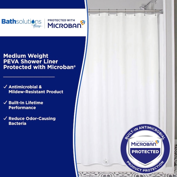 Kenney Mfg Microban Protected Medium Weight PEVA Shower Liner, 70in W x 72in H, White - MB61161