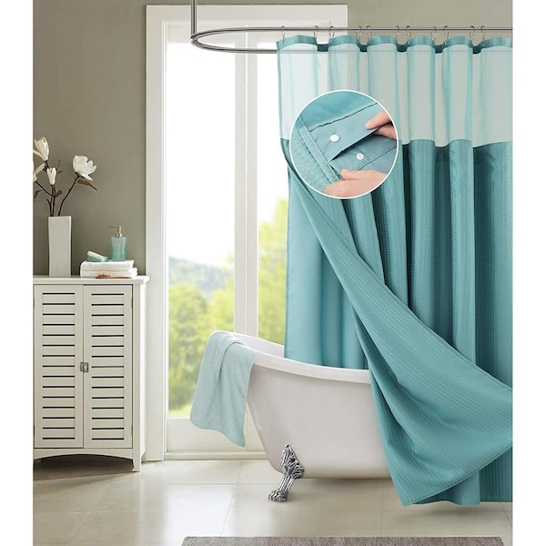 Gfancy Fixtures Teal Sheer & Grid Shower Curtain & Liner Set - GF2627946