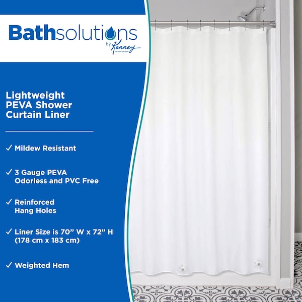 Kenney Mfg Lightweight PEVA Shower Curtain Liner, 70in W x 72in H, White, 2-Pack - KN61430V1PK2