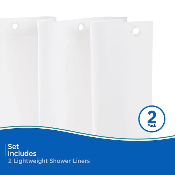 Kenney Mfg Lightweight PEVA Shower Curtain Liner, 70in W x 72in H, White, 2-Pack - KN61430V1PK2