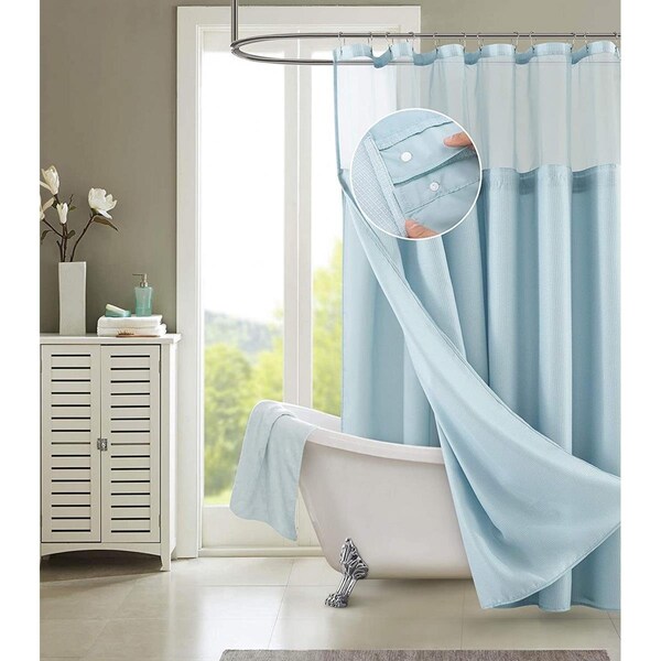 Gfancy Fixtures 72 x 70 x 1 in. Light Blue Sheer & Grid Shower Curtain & Liner Set - GF2628014