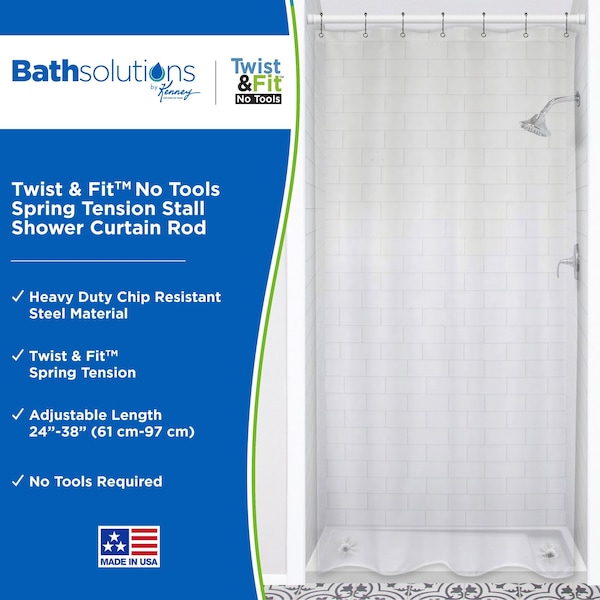 Kenney Mfg Twist & Fit No Tools Spring Tension Stall Shower Curtain Rod, 24-38in, White - KN607S/1V1