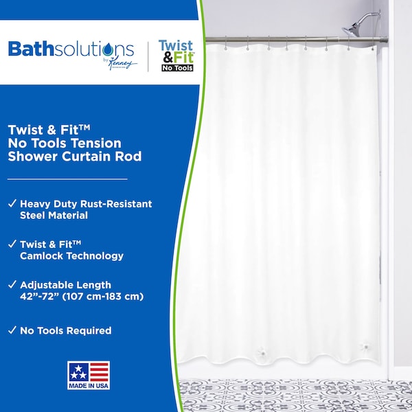Kenney Mfg Twist & Fit No Tools Tension Shower Curtain Rod, 42-72in, Brushed Nickel - KN609C/18HUS
