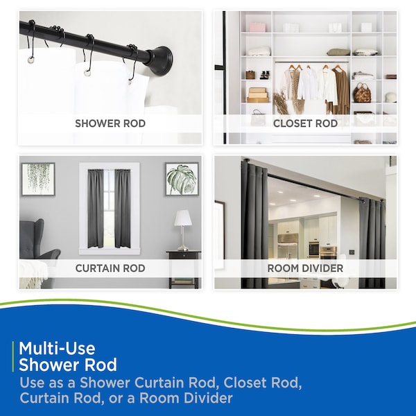 Kenney Mfg Twist & Fit No Tools Gloria Decorative Tension Shower Curtain Rod, 42-72in, Black - KN909C/5HUS