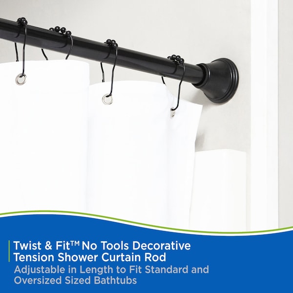 Kenney Mfg Twist & Fit No Tools Gloria Decorative Tension Shower Curtain Rod, 42-72in, Black - KN909C/5HUS