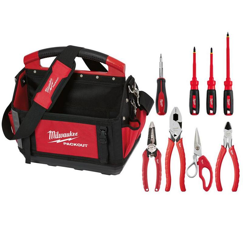 Milwaukee 15 in. PACKOUT Tote & Electrician Hand Tool Set (9-Piece) - 48-22-8315-48-22-6100-48-22-3079