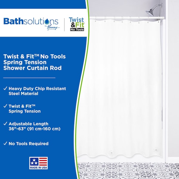 Kenney Mfg Twist & Fit No Tools Spring Tension Shower Curtain Rod, 36-63in, White - KN609S/1V1