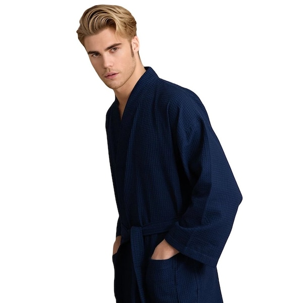 Towelsoft Unisex Men's Waffle Weave Stone Navy Bathrobe One Size - RM-MEN-WFL-NVY-OS