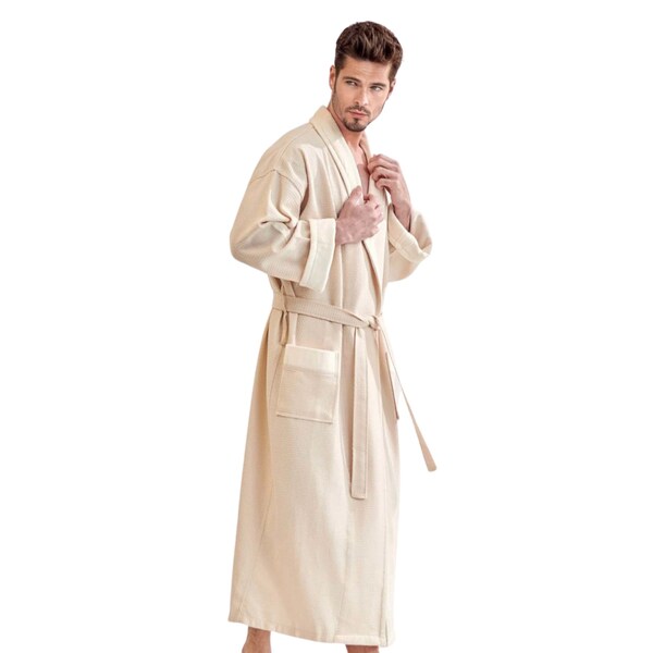 Towelsoft Unisex Men's Luxury Waffle Beige Bathrobe, Velour Shawl, 100% Cotton One Size - RM-MEN-WFL-VLR-BG