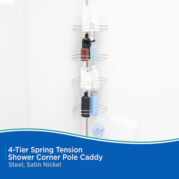 Kenney Mfg 4-Tier Spring Tension Shower Corner Pole Caddy, Satin Nickel - KN61519