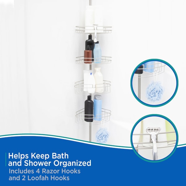 Kenney Mfg 4-Tier Spring Tension Shower Corner Pole Caddy, Satin Nickel - KN61519
