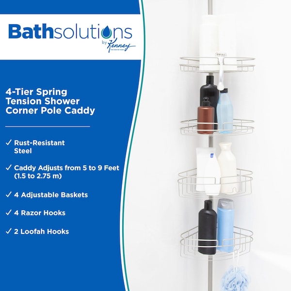 Kenney Mfg 4-Tier Spring Tension Shower Corner Pole Caddy, Satin Nickel - KN61519