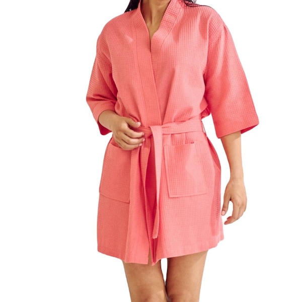 Towelsoft Women's Short Waffle Kimono Peach Pink Bathrobe One Size - WM-WFL-KM-SHRT-RBS-PCHPNK-OS