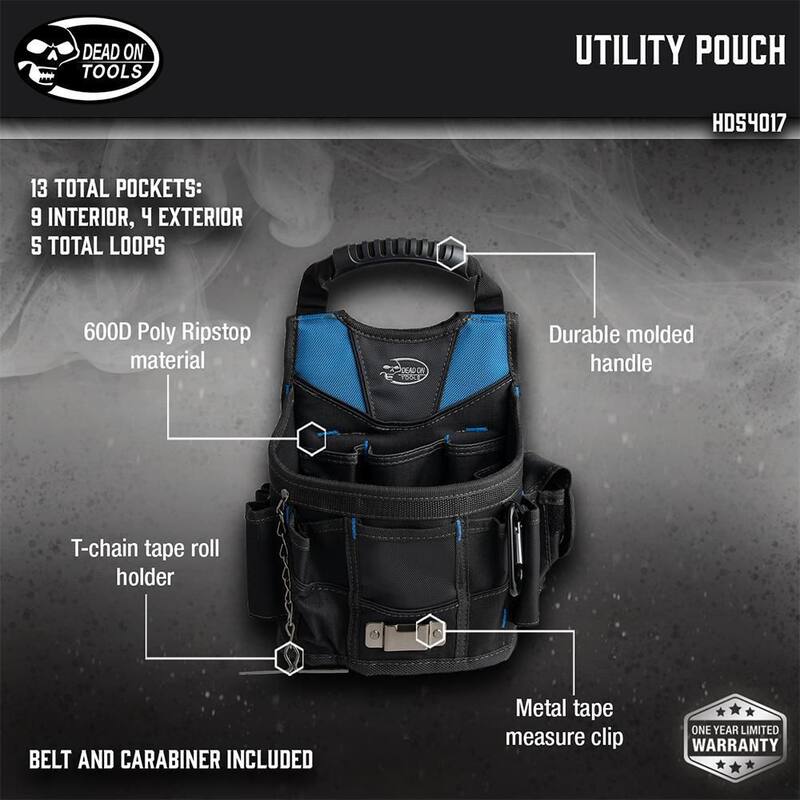 DEAD ON TOOLS 10 in. Open Top Tool Tote Utility Pouch Bag with Black Finish and 12 total pockets - HD54017