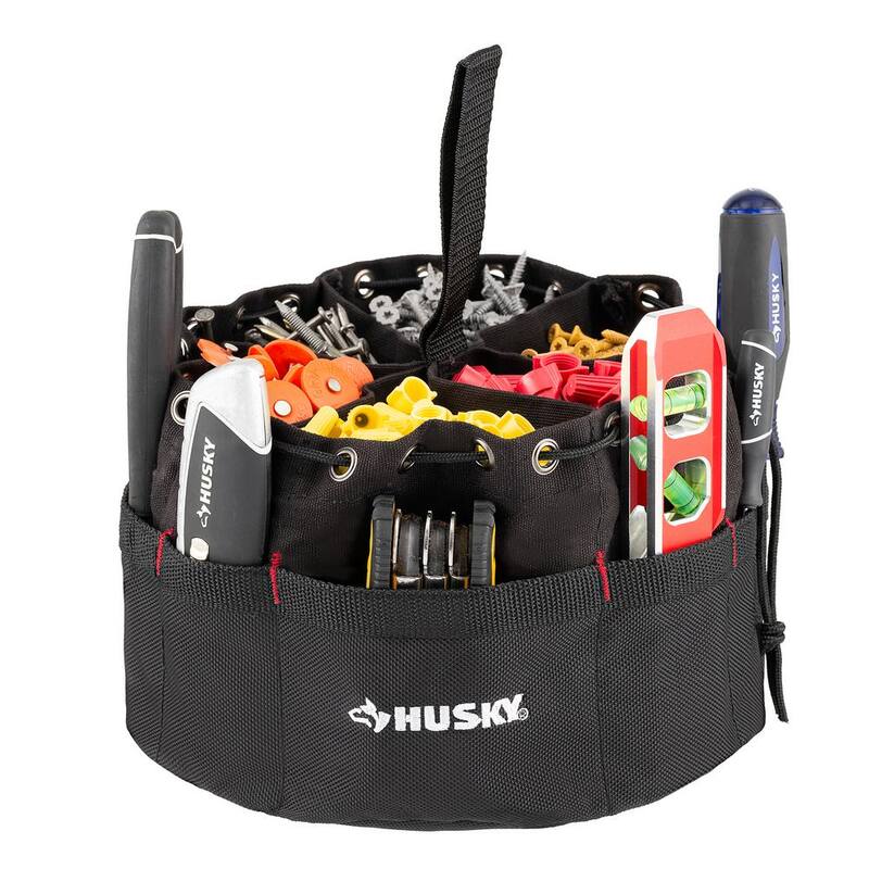 Husky 10 in. 19-Compartment Heavy-Duty Canvas Small Parts Organizer Bucket Storage Tool Pouch in Black - HD00123