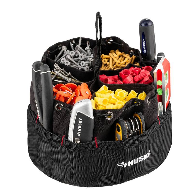 Husky 10 in. 19-Compartment Heavy-Duty Canvas Small Parts Organizer Bucket Storage Tool Pouch in Black - HD00123