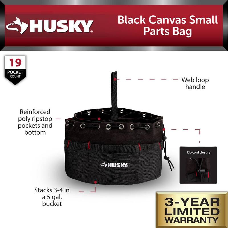 Husky 10 in. 19-Compartment Heavy-Duty Canvas Small Parts Organizer Bucket Storage Tool Pouch in Black - HD00123