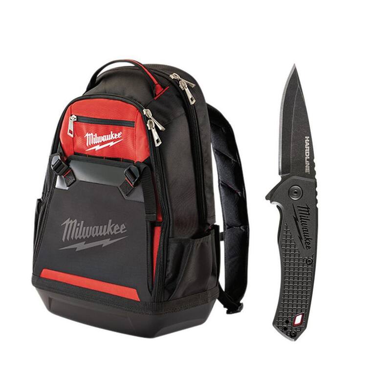 Milwaukee 10 in. Jobsite Tool Backpack with Hardline D2 Steel Smooth Blade Pocket Folding Knife (2-Piece) - 48-22-8200-48-22-1997