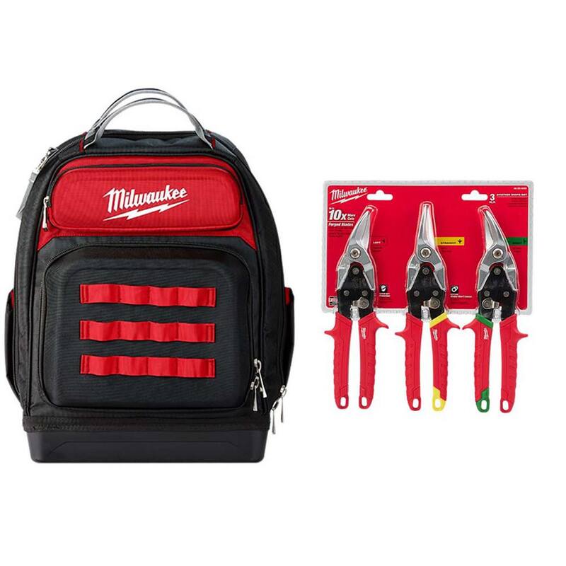 Milwaukee 15 in. Ultimate Jobsite Backpack W/ Left, Right, and Straight Aviation Snips (3-Pack) - 48-22-8201-48-22-4533