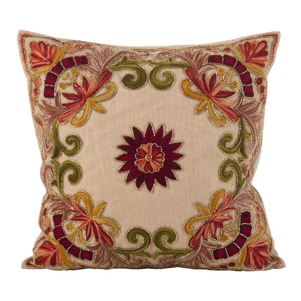 Rlm Distribution SARO  18 in. Square Embroidered Floral Design Beaded Cotton Poly Filled Throw Pillow  Multi Color - HO2657627