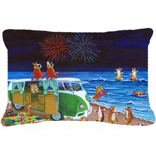 Carolines Treasures Carolines Treasures 7317PW1216 Corgi Beach Party Volkswagon Bus Fireworks Fabric Decorative Pillow - 7317PW1216