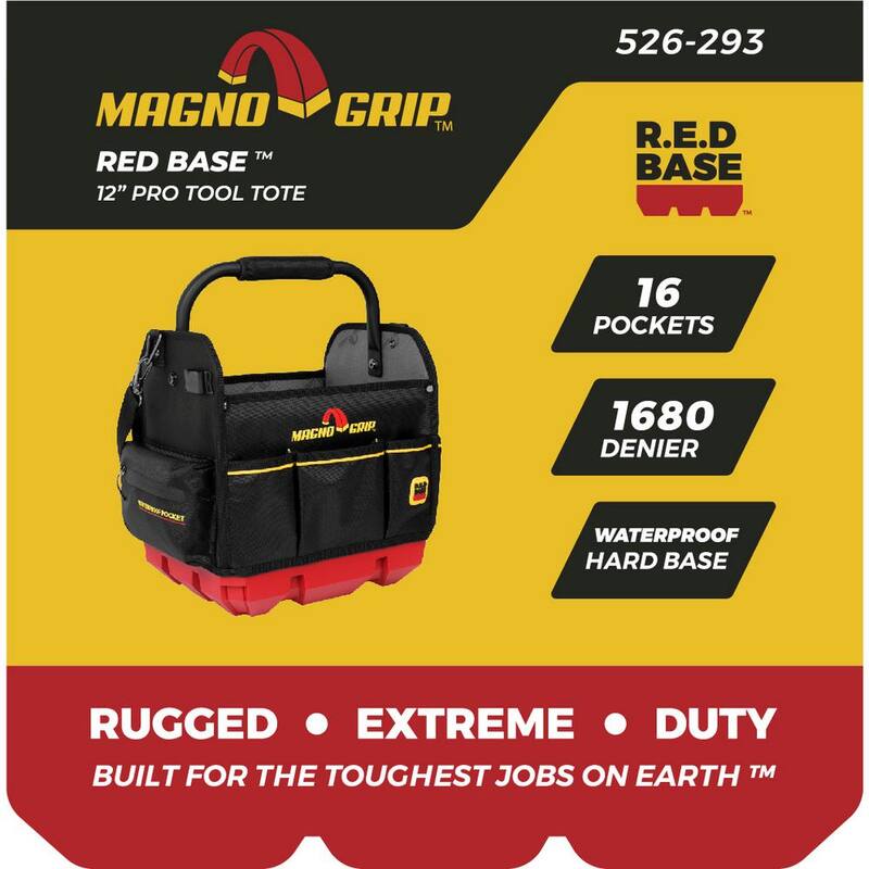 MagnoGrip RED Base Series 12 in. 16-Pocket Tool Tote, 8 Loops, Comfort Grip Steel Handle, Adjustable Padded Shoulder Strap - 526-293