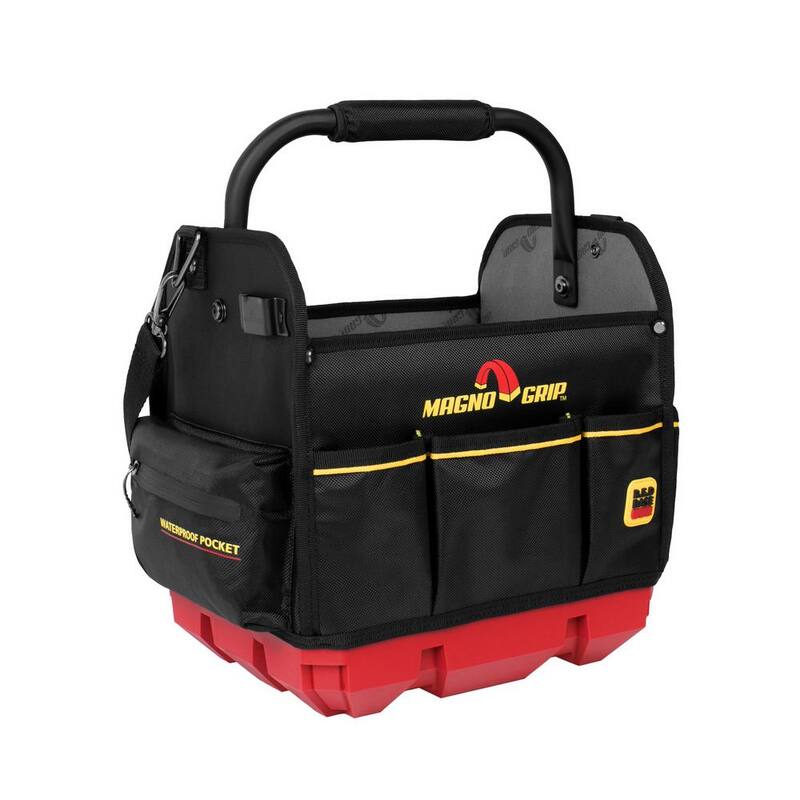 MagnoGrip RED Base Series 12 in. 16-Pocket Tool Tote, 8 Loops, Comfort Grip Steel Handle, Adjustable Padded Shoulder Strap - 526-293