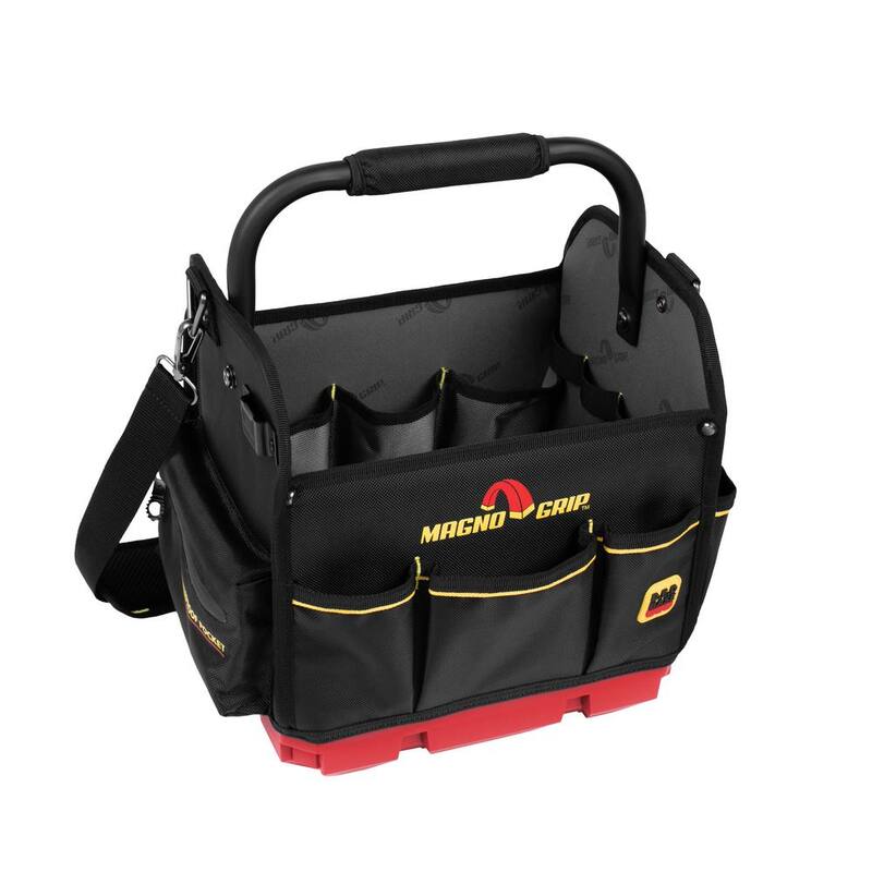 MagnoGrip RED Base Series 12 in. 16-Pocket Tool Tote, 8 Loops, Comfort Grip Steel Handle, Adjustable Padded Shoulder Strap - 526-293