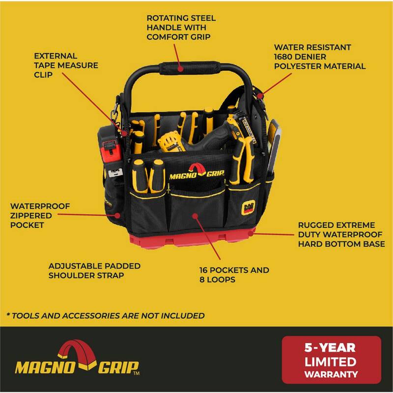 MagnoGrip RED Base Series 12 in. 16-Pocket Tool Tote, 8 Loops, Comfort Grip Steel Handle, Adjustable Padded Shoulder Strap - 526-293