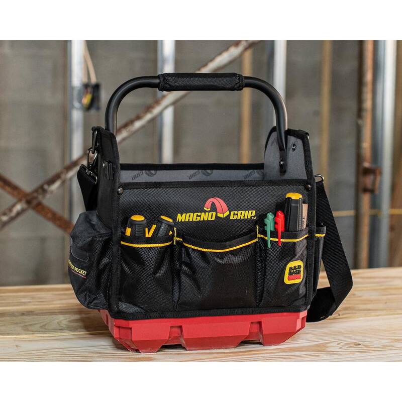 MagnoGrip RED Base Series 12 in. 16-Pocket Tool Tote, 8 Loops, Comfort Grip Steel Handle, Adjustable Padded Shoulder Strap - 526-293
