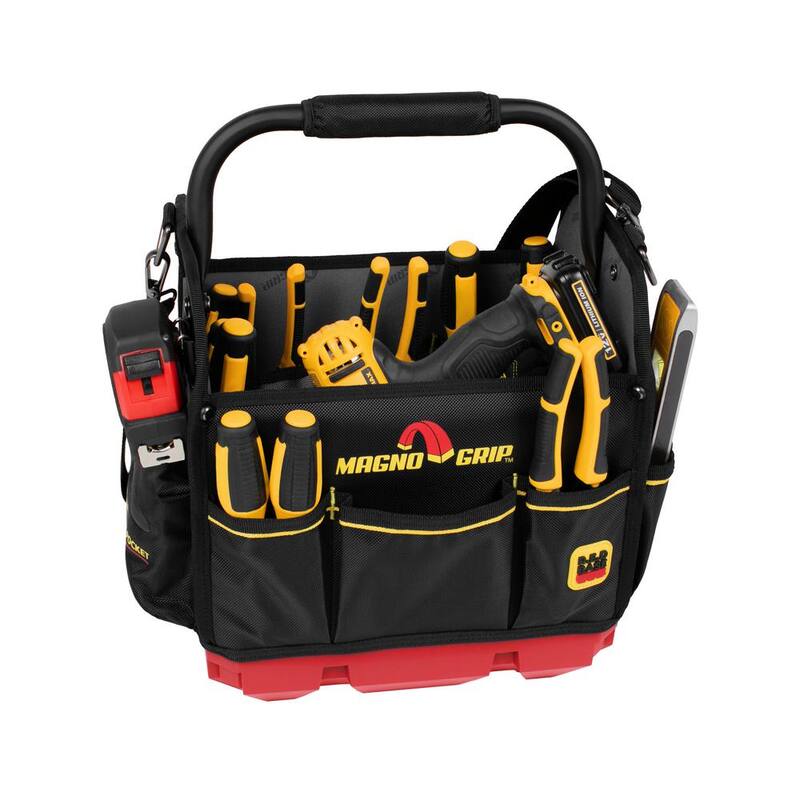 MagnoGrip RED Base Series 12 in. 16-Pocket Tool Tote, 8 Loops, Comfort Grip Steel Handle, Adjustable Padded Shoulder Strap - 526-293