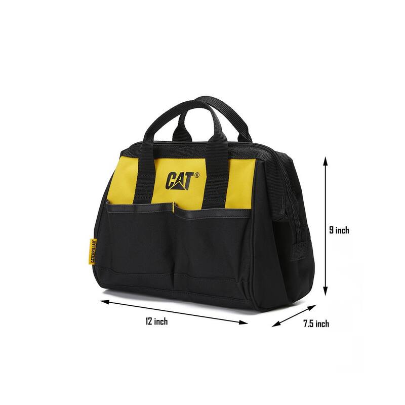 CAT Tool Storage 12 in., 4 Pockets, Black and yellow, 600-D Polyester, Tool Bag, Large Open Main Compartment, Webbing Handle - 84288