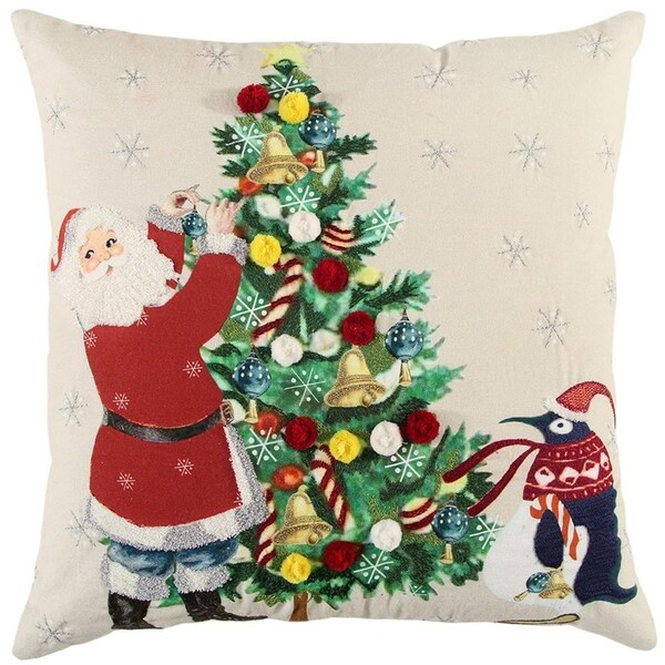 Homeroots 20 x 20 in. Ivory Vintage Santa & Penguin Christmas Throw Pillow - 402332