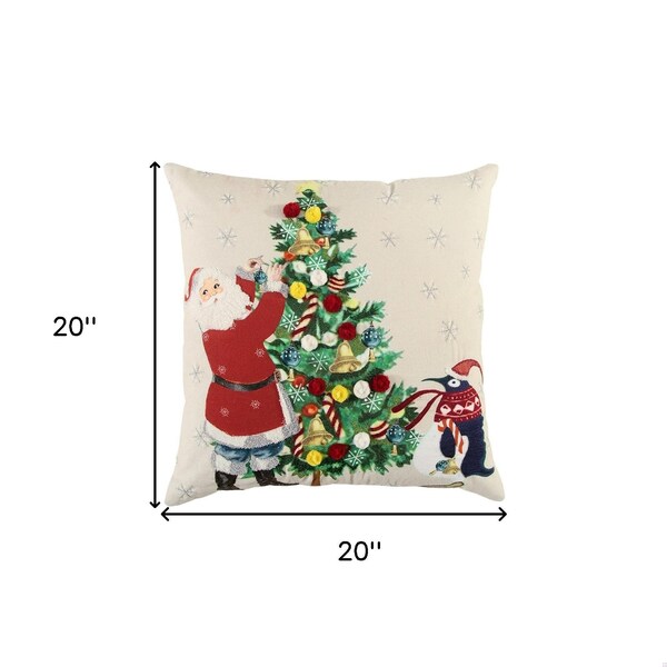 Homeroots 20 x 20 in. Ivory Vintage Santa & Penguin Christmas Throw Pillow - 402332