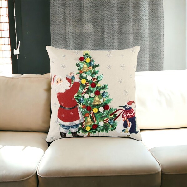 Homeroots 20 x 20 in. Ivory Vintage Santa & Penguin Christmas Throw Pillow - 402332