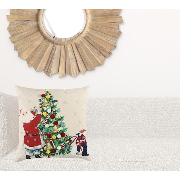 Homeroots 20 x 20 in. Ivory Vintage Santa & Penguin Christmas Throw Pillow - 402332