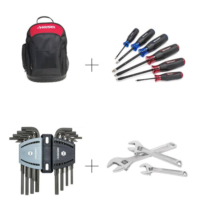 Husky 18 in Backpack Bundled with Diamond Tip Magnetic Screwdriver SAE/Metric Long Arm Hex Key Double-Speed Adjustable Wrench - RH68003Bundle