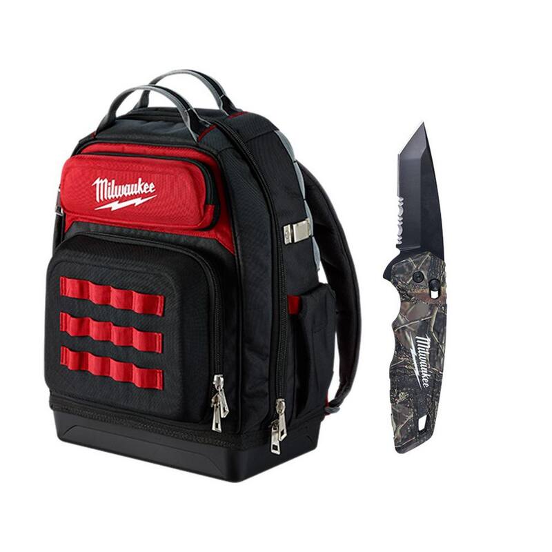Milwaukee 15 in. Ultimate Jobsite Backpack with FASTBACK Camo Stainless Steel Spring Assisted Folding Knife (2-Piece) - 48-22-8201-48-22-1535