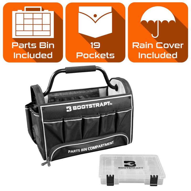 BOOTSTRAPT 18 in. Contractor's Tote Bag with Integrated Parts Bin Compartment and Waterproof Rain Cover - 006-529