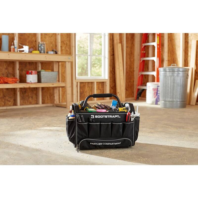 BOOTSTRAPT 18 in. Contractor's Tote Bag with Integrated Parts Bin Compartment and Waterproof Rain Cover - 006-529