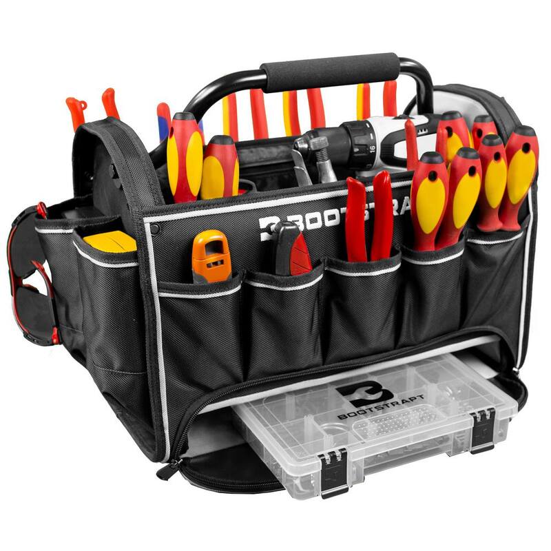 BOOTSTRAPT 18 in. Contractor's Tote Bag with Integrated Parts Bin Compartment and Waterproof Rain Cover - 006-529