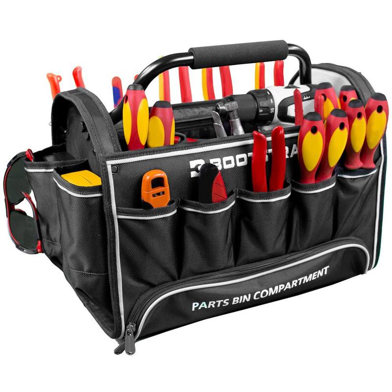BOOTSTRAPT 18 in. Contractor's Tote Bag with Integrated Parts Bin Compartment and Waterproof Rain Cover - 006-529