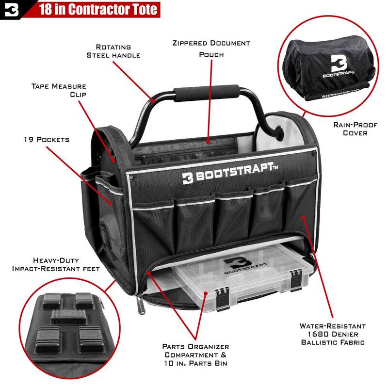 BOOTSTRAPT 18 in. Contractor's Tote Bag with Integrated Parts Bin Compartment and Waterproof Rain Cover - 006-529