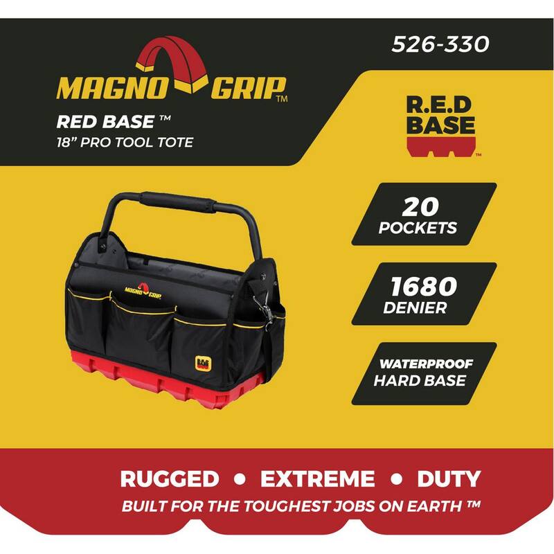 MagnoGrip RED Base Series 18 in. 20-Pocket Tool Tote Bag, 8 Loops, Comfort Grip Steel Handle, Adjustable Padded Shoulder Strap - 526-330